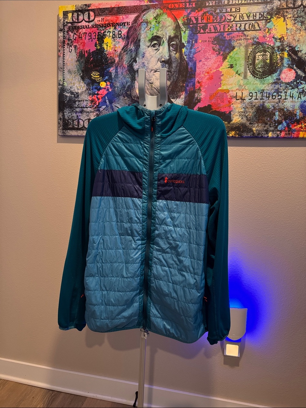 cotopaxi Teal, Navy and Light Blue Quilted Hybrid Jacket